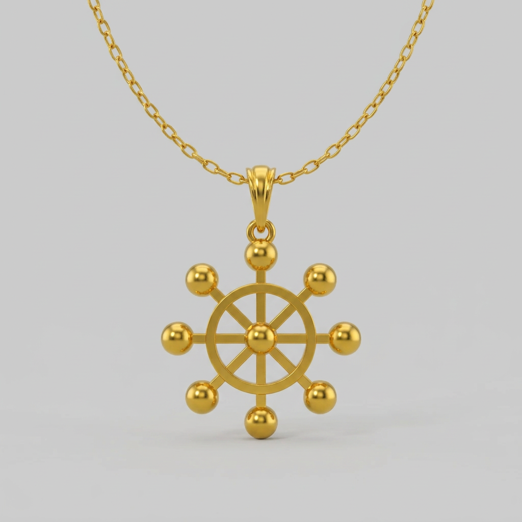 Gold necklace with a wheel-shaped pendant on a white background
