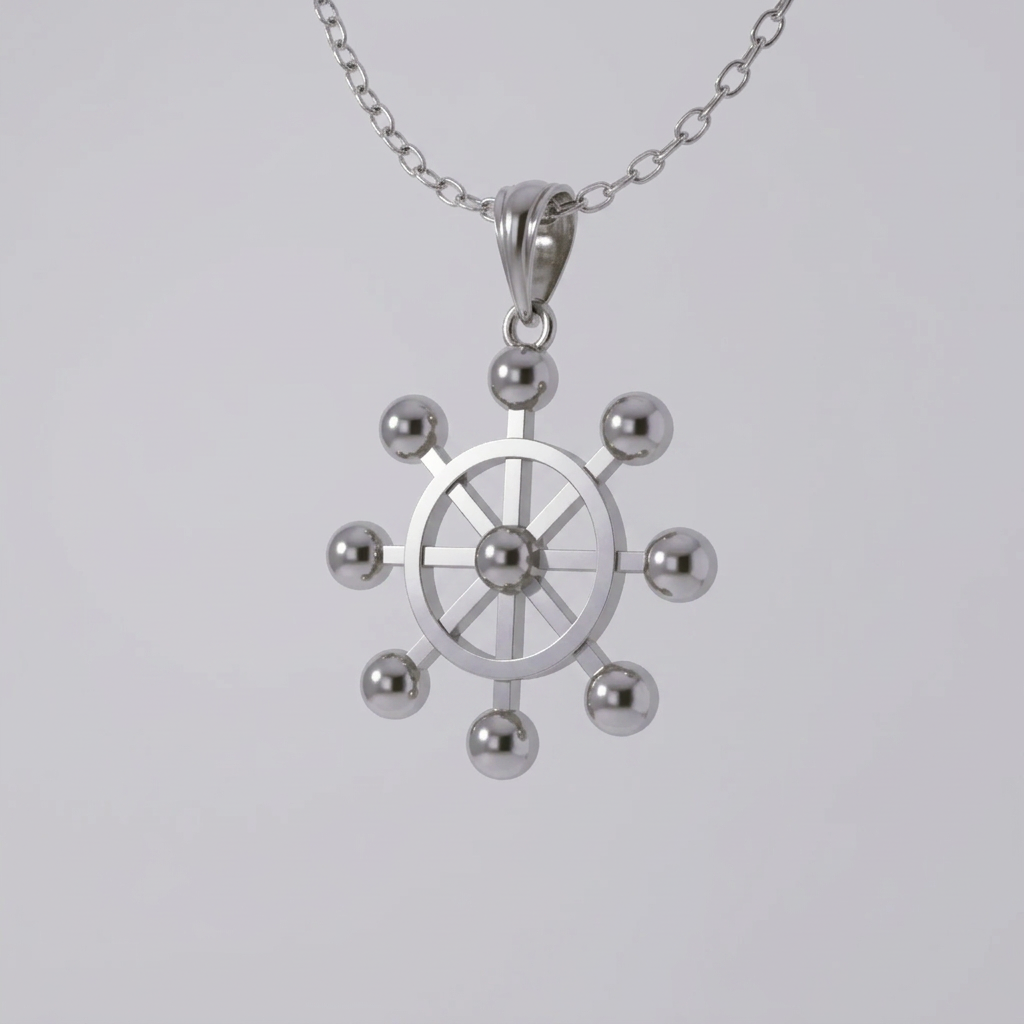 A solid 925 sterling silver pendant with a blade-like design featuring eight handles, displayed against a dark, textured background.