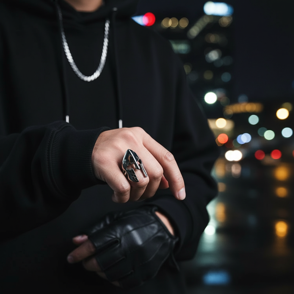 Person wearing a black hoodie and leather glove with a cityscape in the background