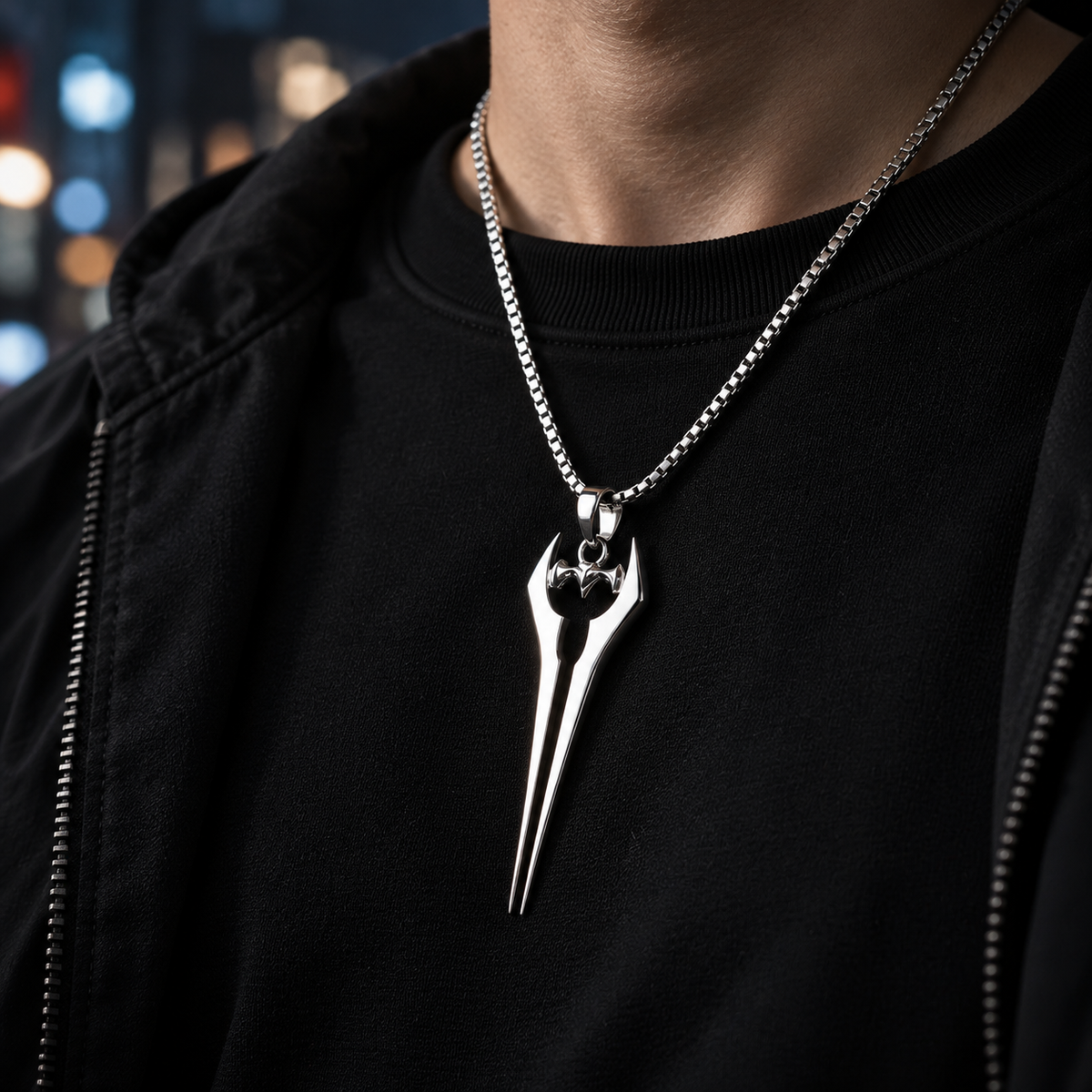 Silver necklace with a unique pendant worn by a person against a blurred cityscape background