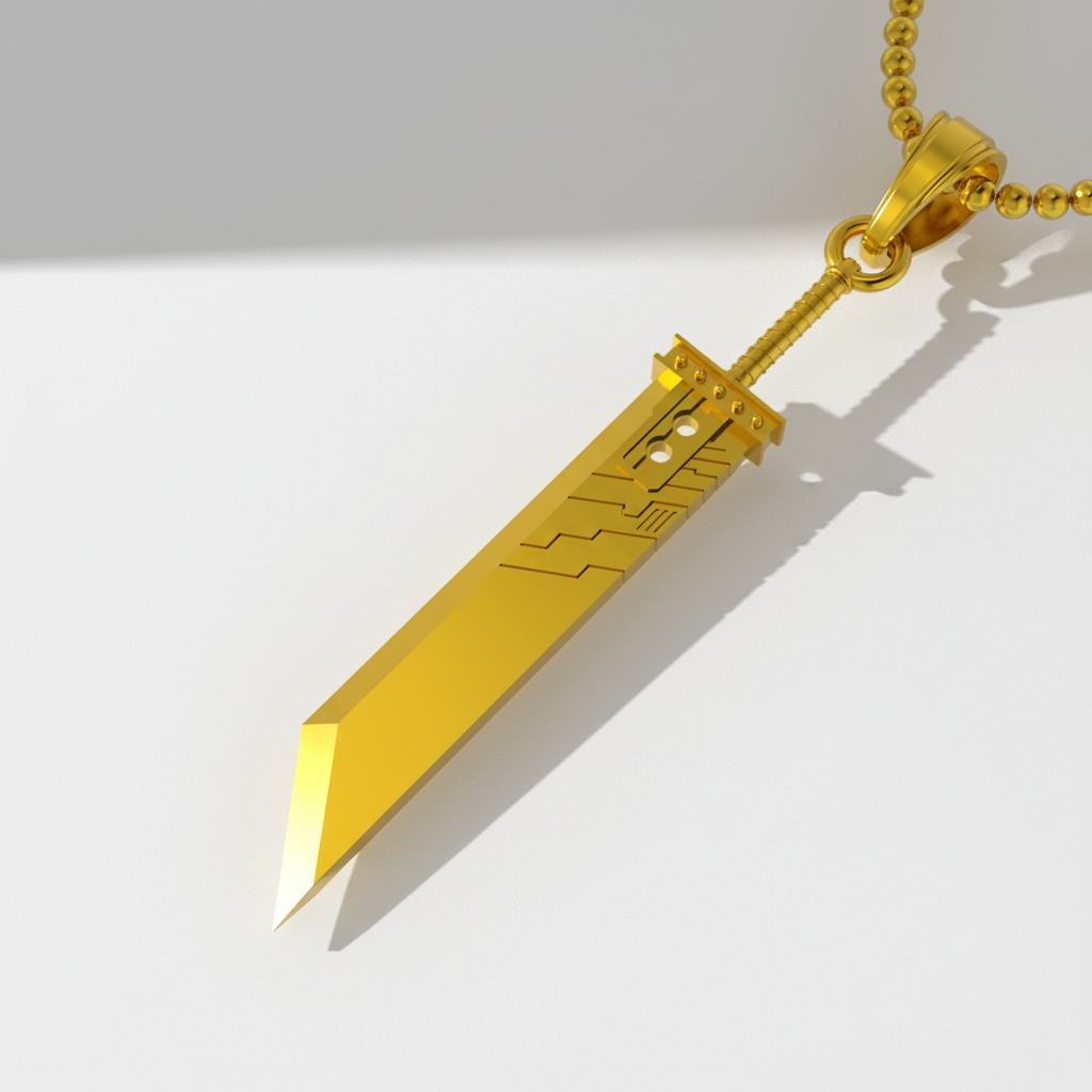 A silver pendant designed to resemble a fantasy sword with a patterned handle and a smooth blade, displayed against an textured background.