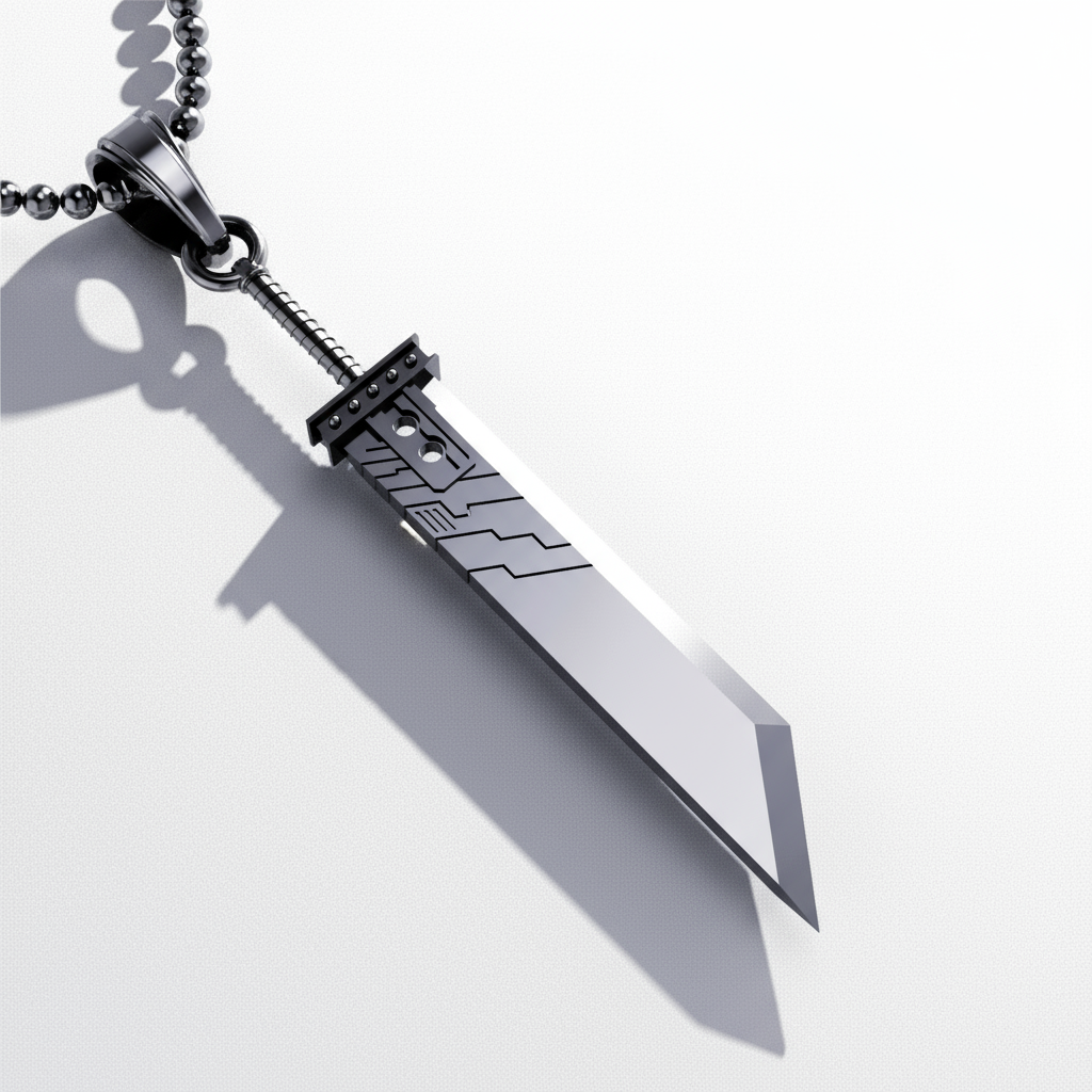 A silver pendant designed to resemble a fantasy sword with a patterned handle and a smooth blade, displayed against an textured background.