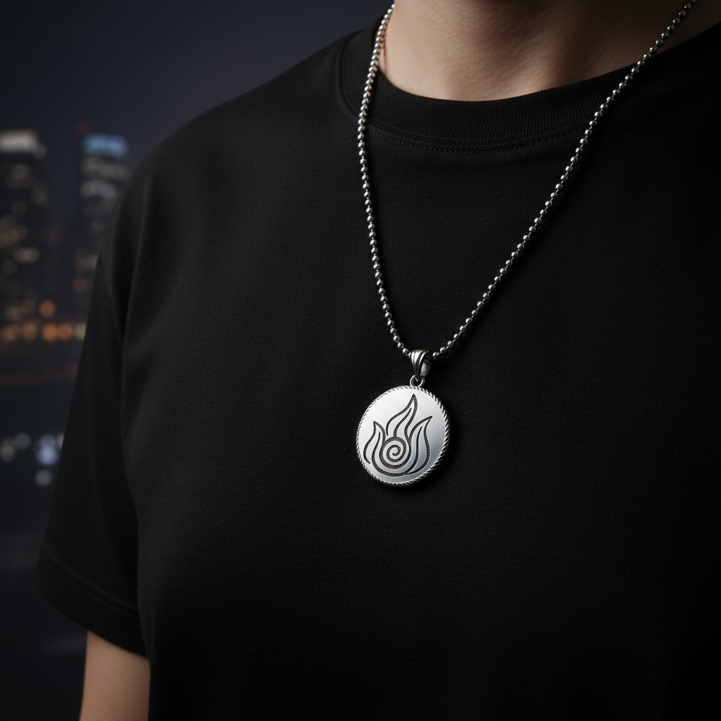 Four pendants each with a different elemental symbol: Air, Water, Earth, Fire, against a dark background with a rope-like border.