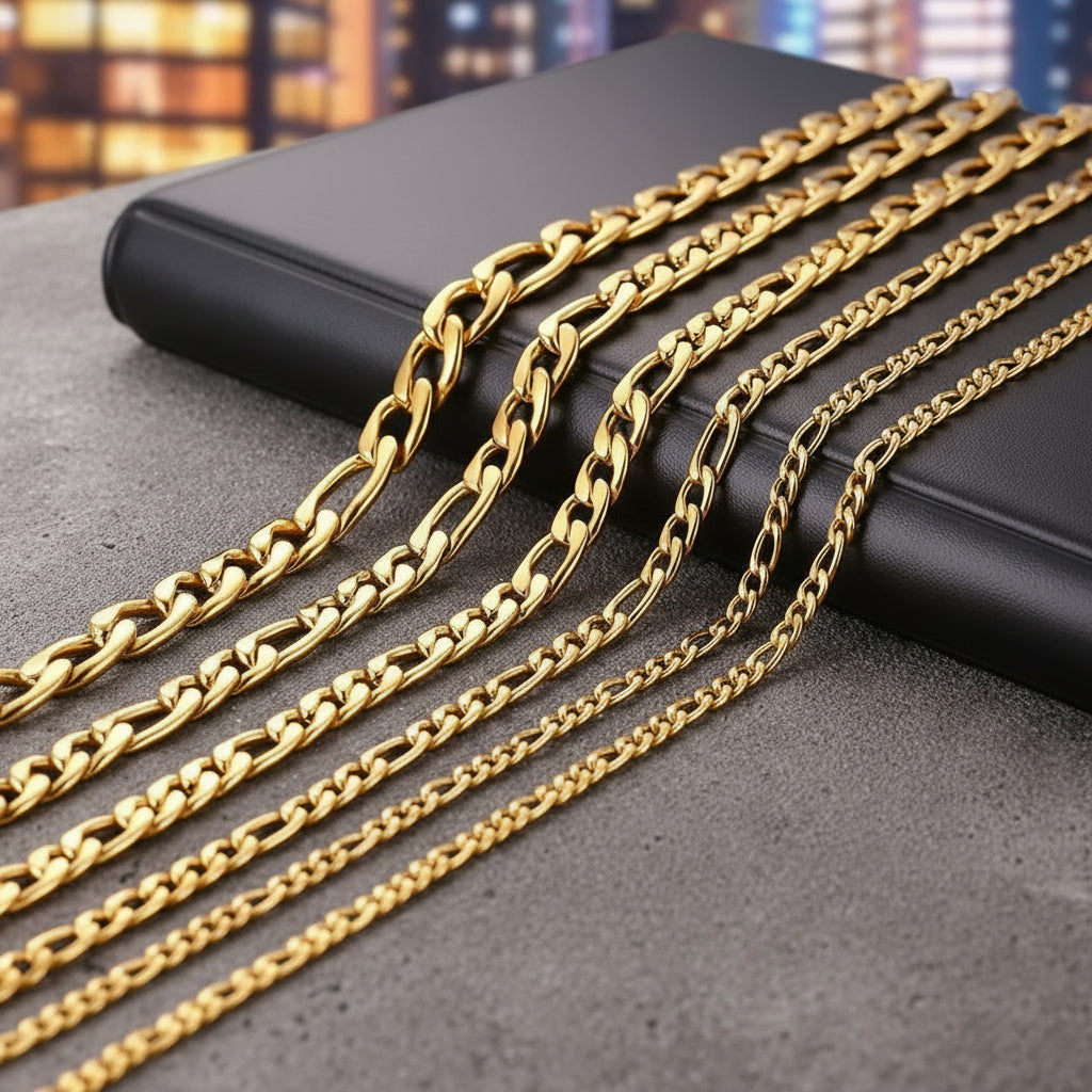 Gold chain necklaces of different lengths on a black background