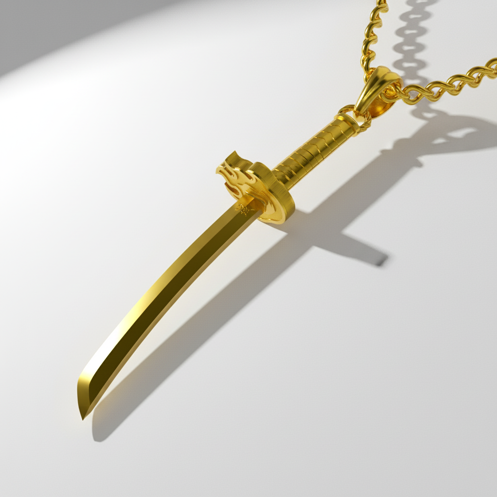 A close-up image of a solid 14K gold pendant with a flame design, displayed against a rocky backdrop.