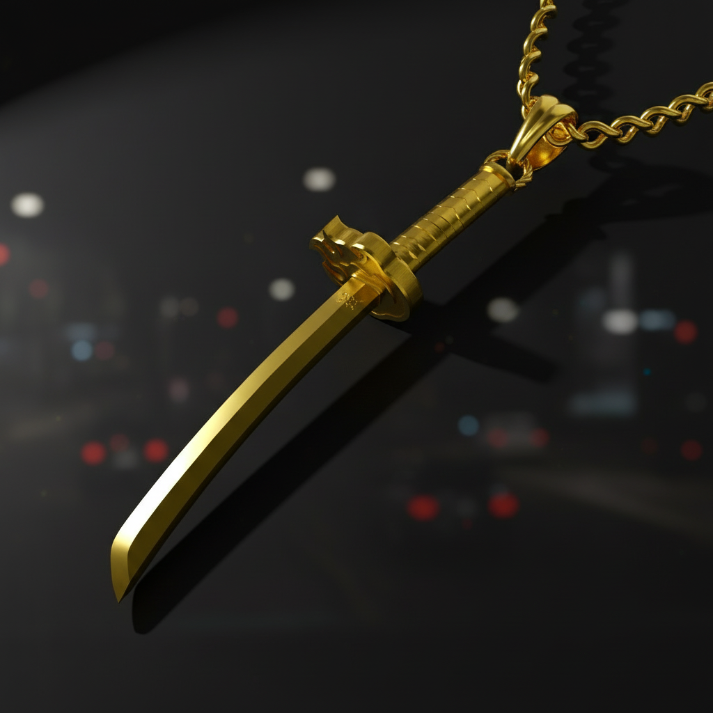 Gold sword-shaped pendant on a chain against a blurred cityscape background