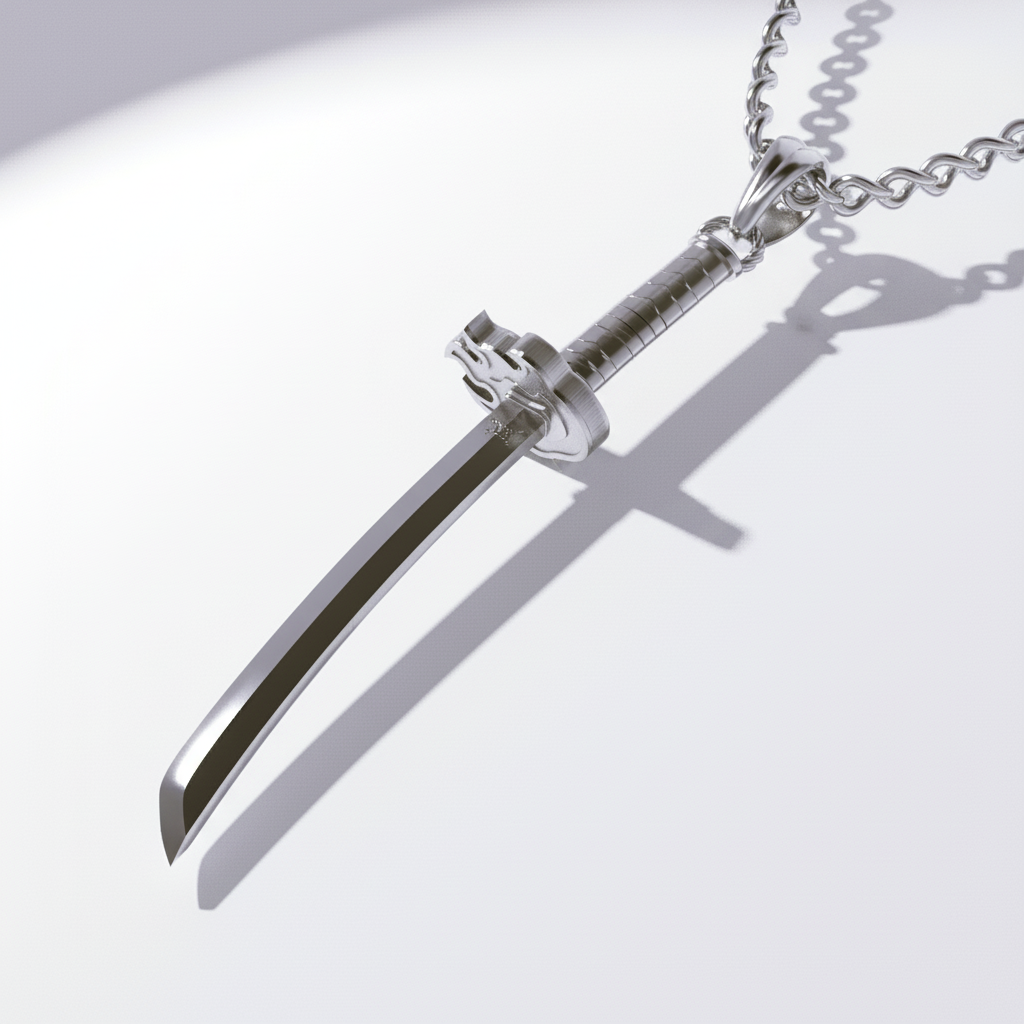 A close-up image of a solid 14K gold pendant with a flame design, displayed against a rocky backdrop.