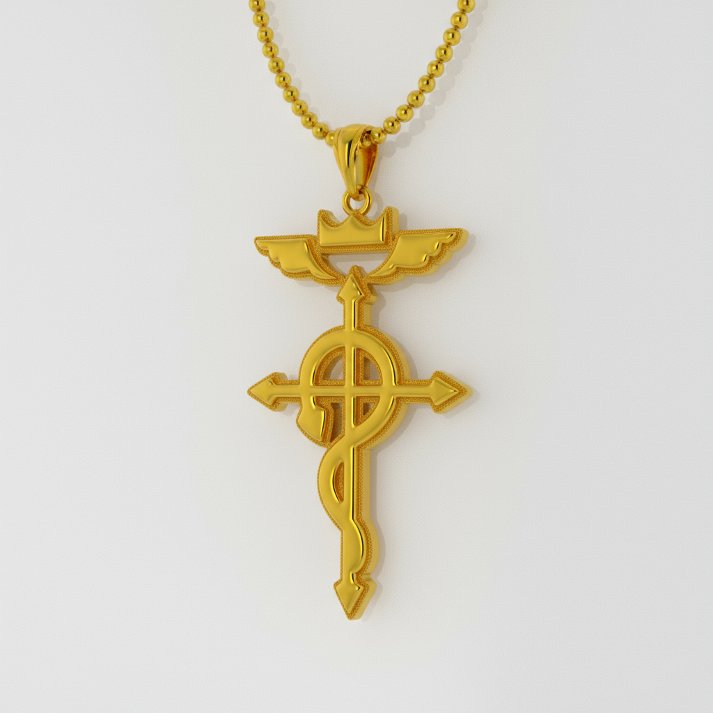 A 14K gold pendant featuring the Flamel symbol, a cross with a serpent wrapped around it, displayed on a chain against a wooden background with a soft focus.