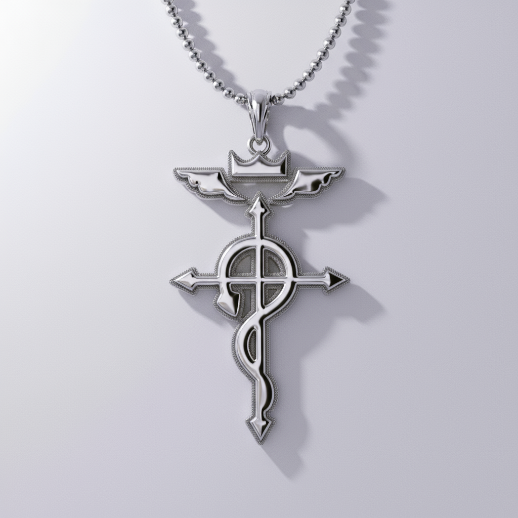 A 14K gold pendant featuring the Flamel symbol, a cross with a serpent wrapped around it, displayed on a chain against a wooden background with a soft focus.