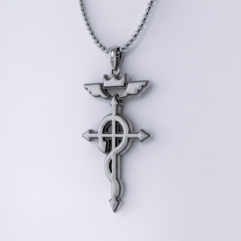 A solid 925 sterling silver pendant with 18K gold vermeil, featuring an antique design with a cross, serpent, and alchemical symbols, displayed against an anime-style background.