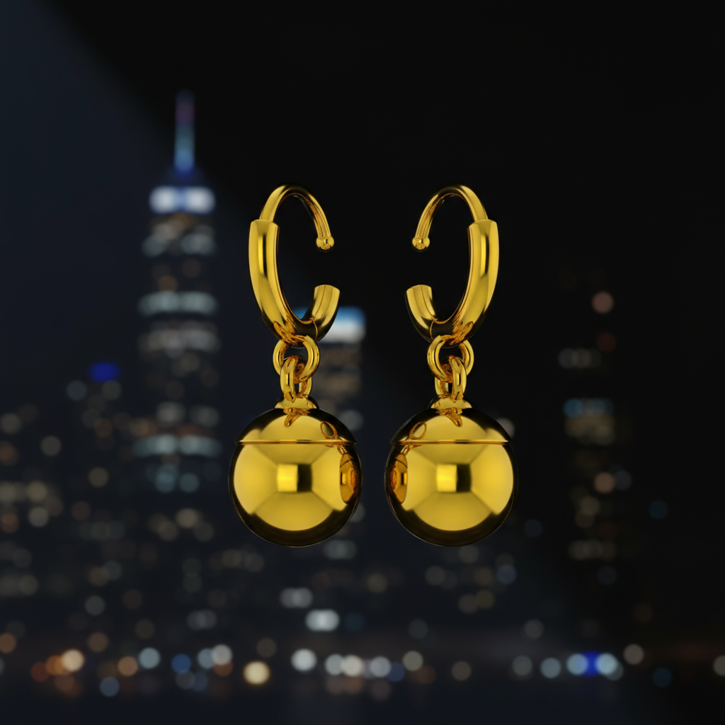 Gold hoop earrings with spherical ends against a cityscape background