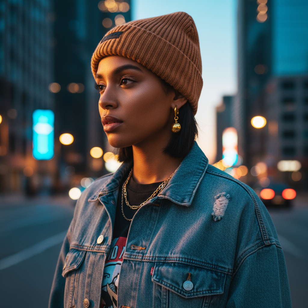 Woman wearing a brown beanie and denim jacket on a city street at night.