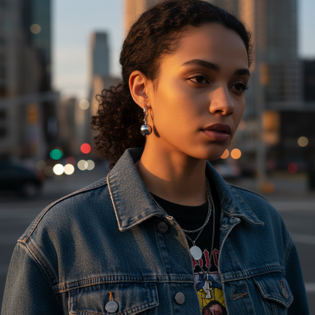 Woman wearing a denim jacket with a cityscape background