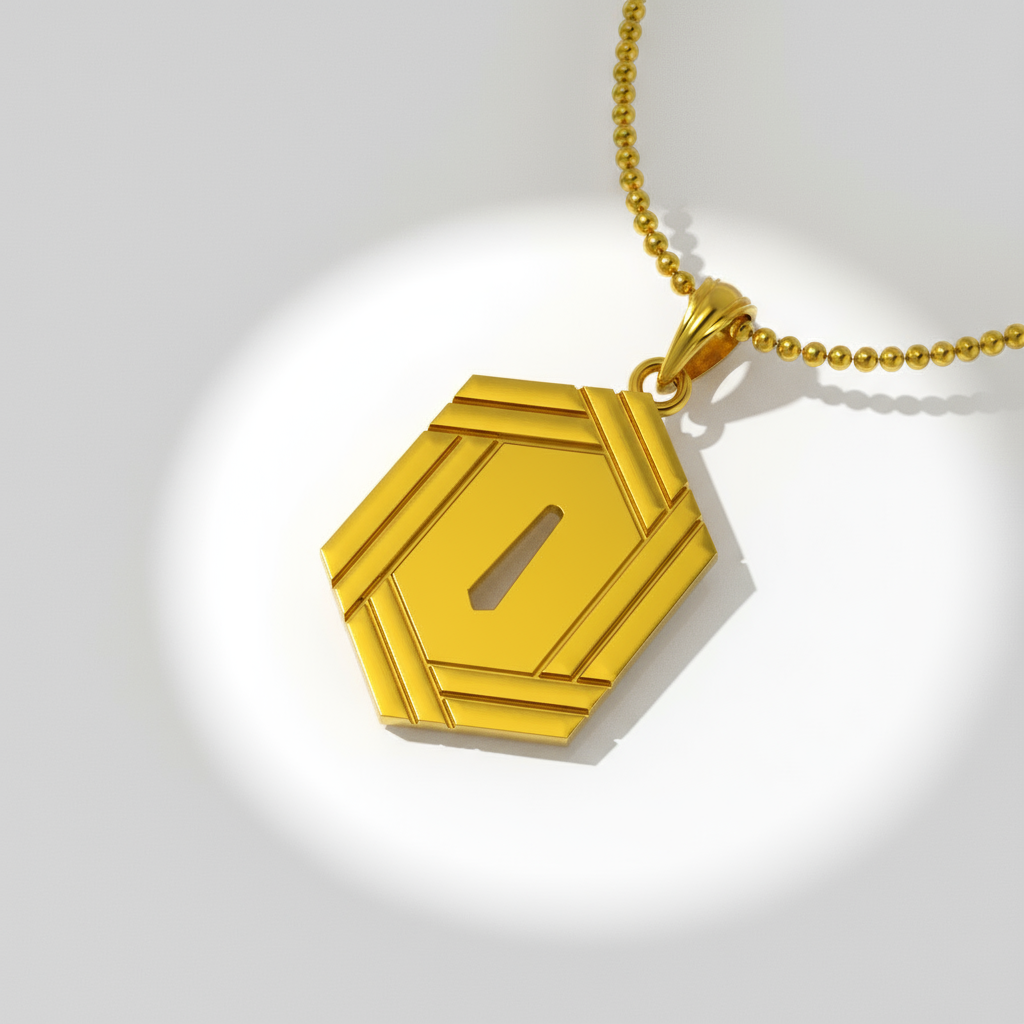 A 14K gold pendant with a hexagonal design, featuring a warm bronze core and an overlapping fuchsia border, displayed on a gold chain against a wooden background.