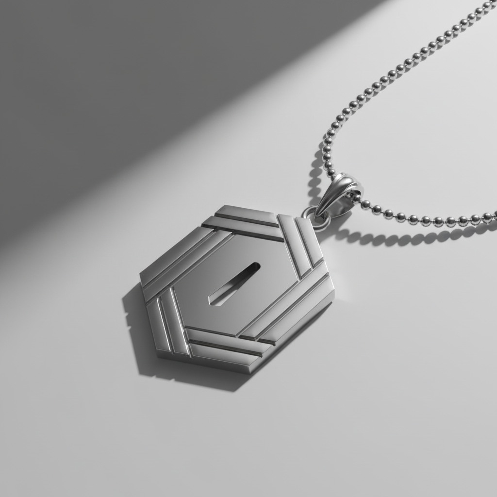 A 14K gold pendant with a hexagonal design, featuring a warm bronze core and an overlapping fuchsia border, displayed on a gold chain against a wooden background.
