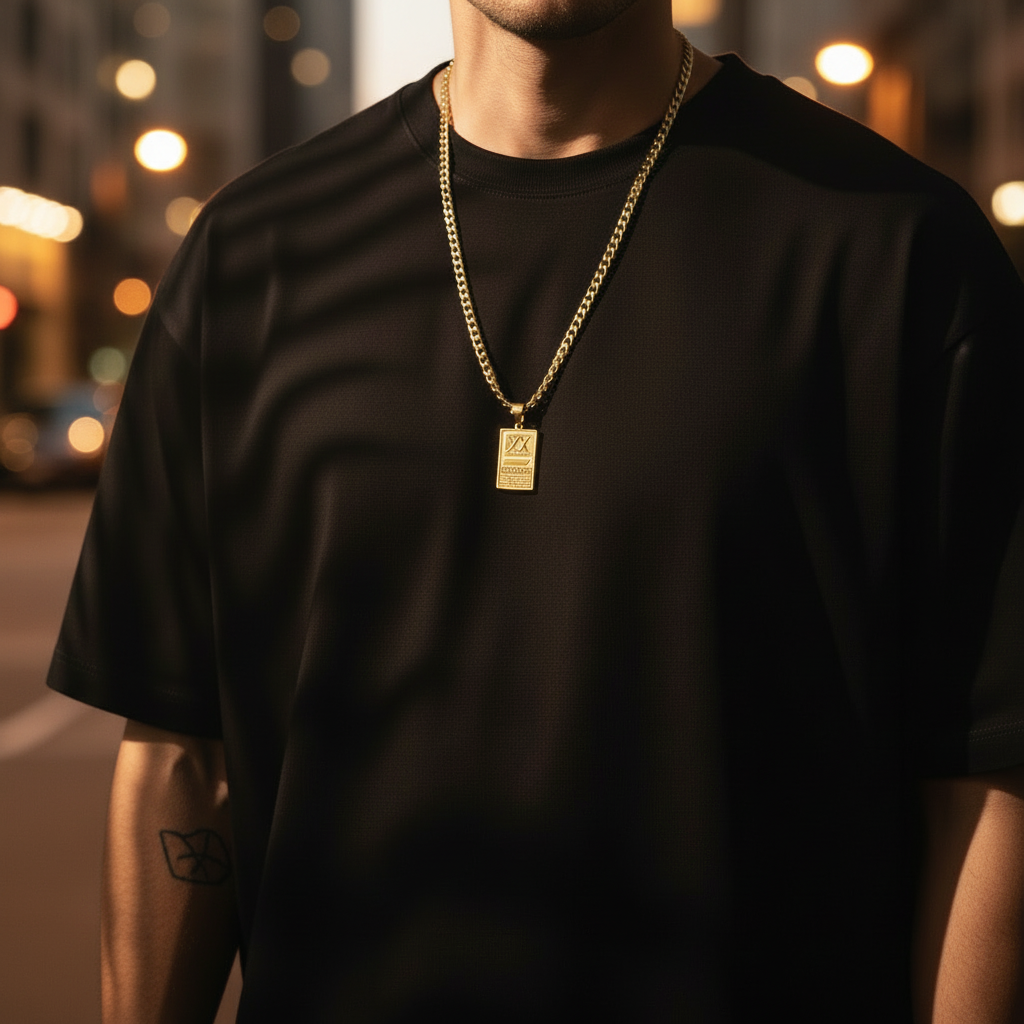 Person wearing a black t-shirt and gold chain with a pendant on a blurred city street background