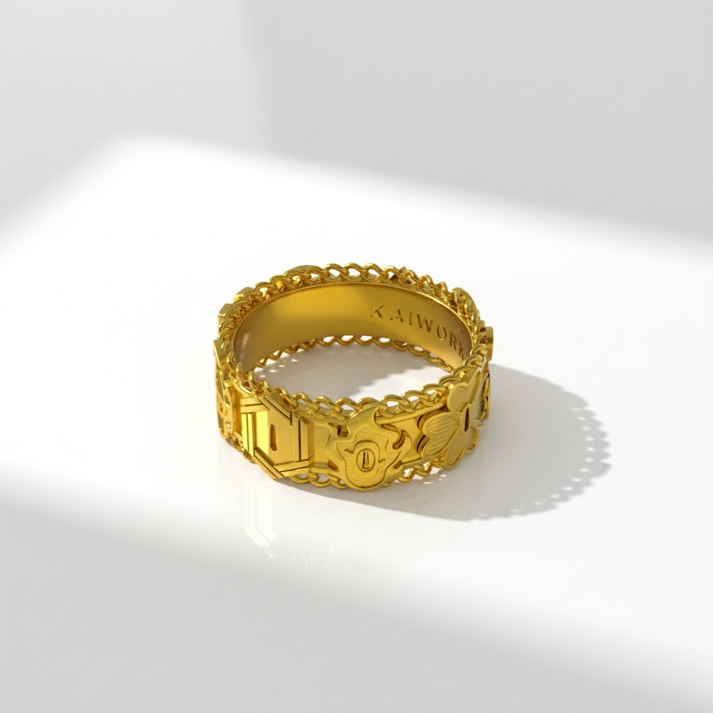 Gold ring with intricate design on a white background