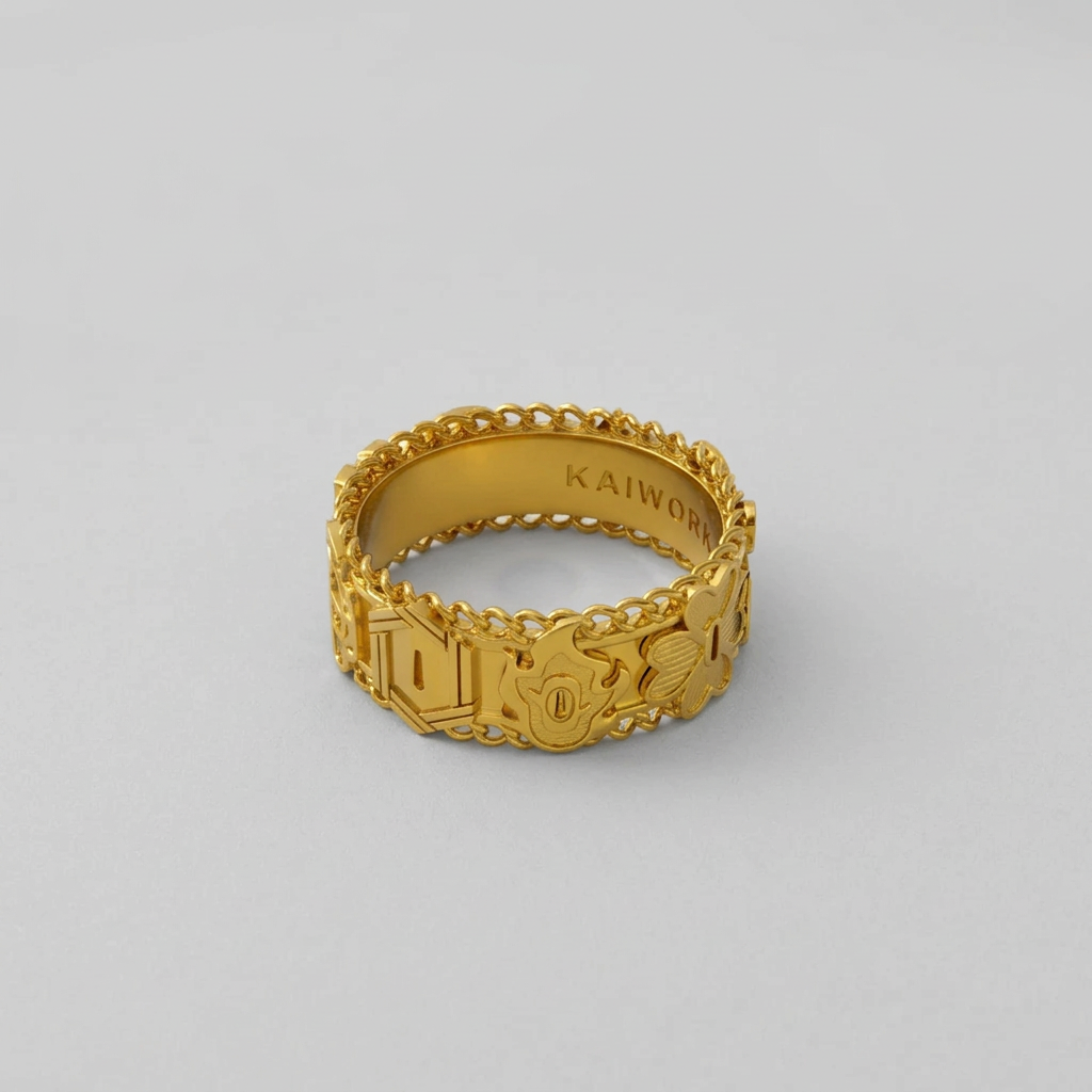 Gold ring with intricate design on a white background