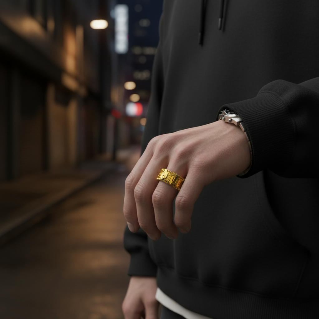 Person wearing a gold ring on a blurred city street background