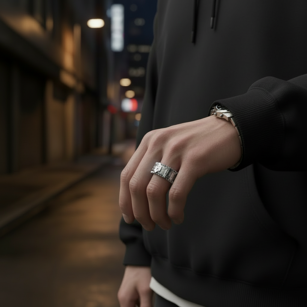 Person wearing a black hoodie with a blurred city street background