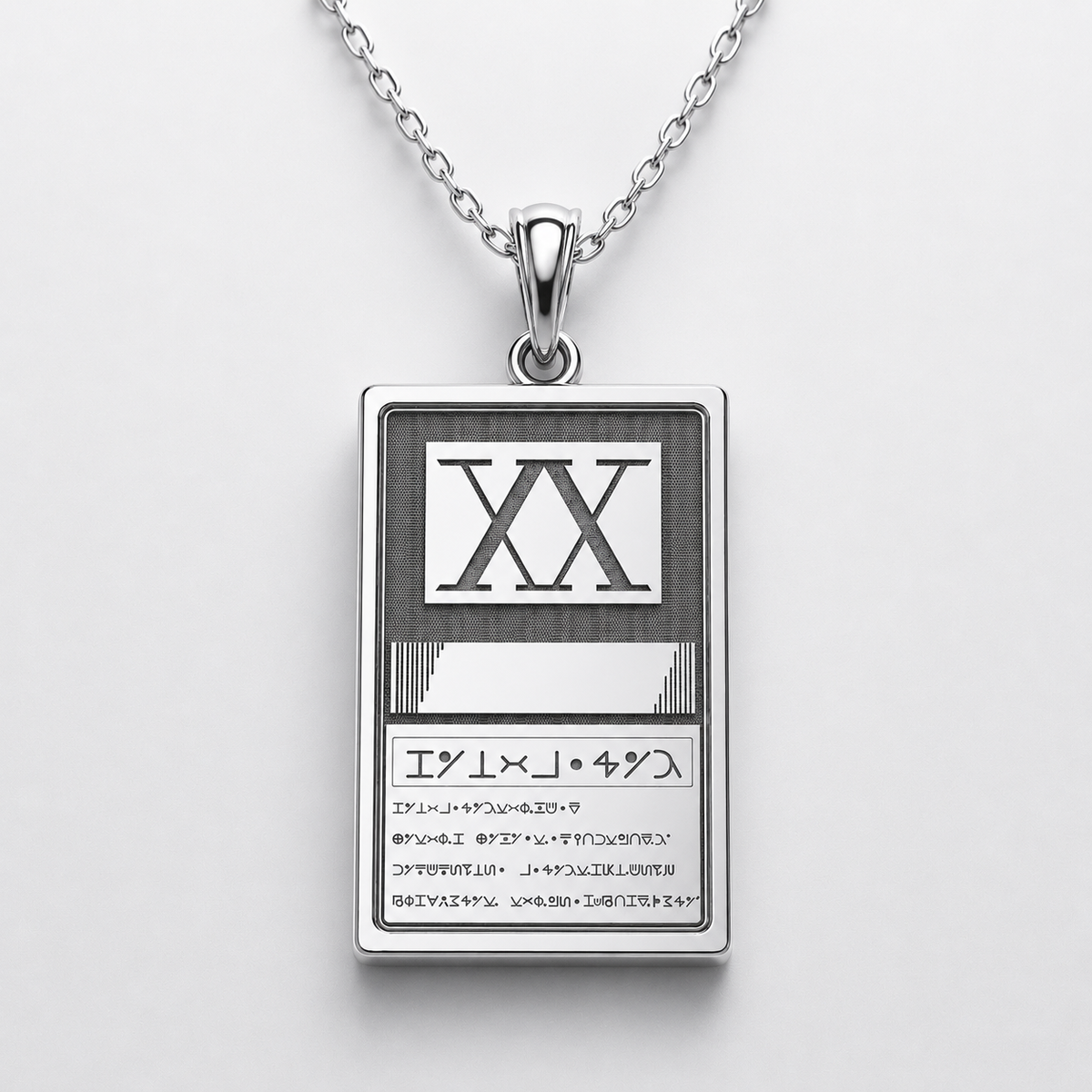 Silver pendant with a rectangular design on a white background