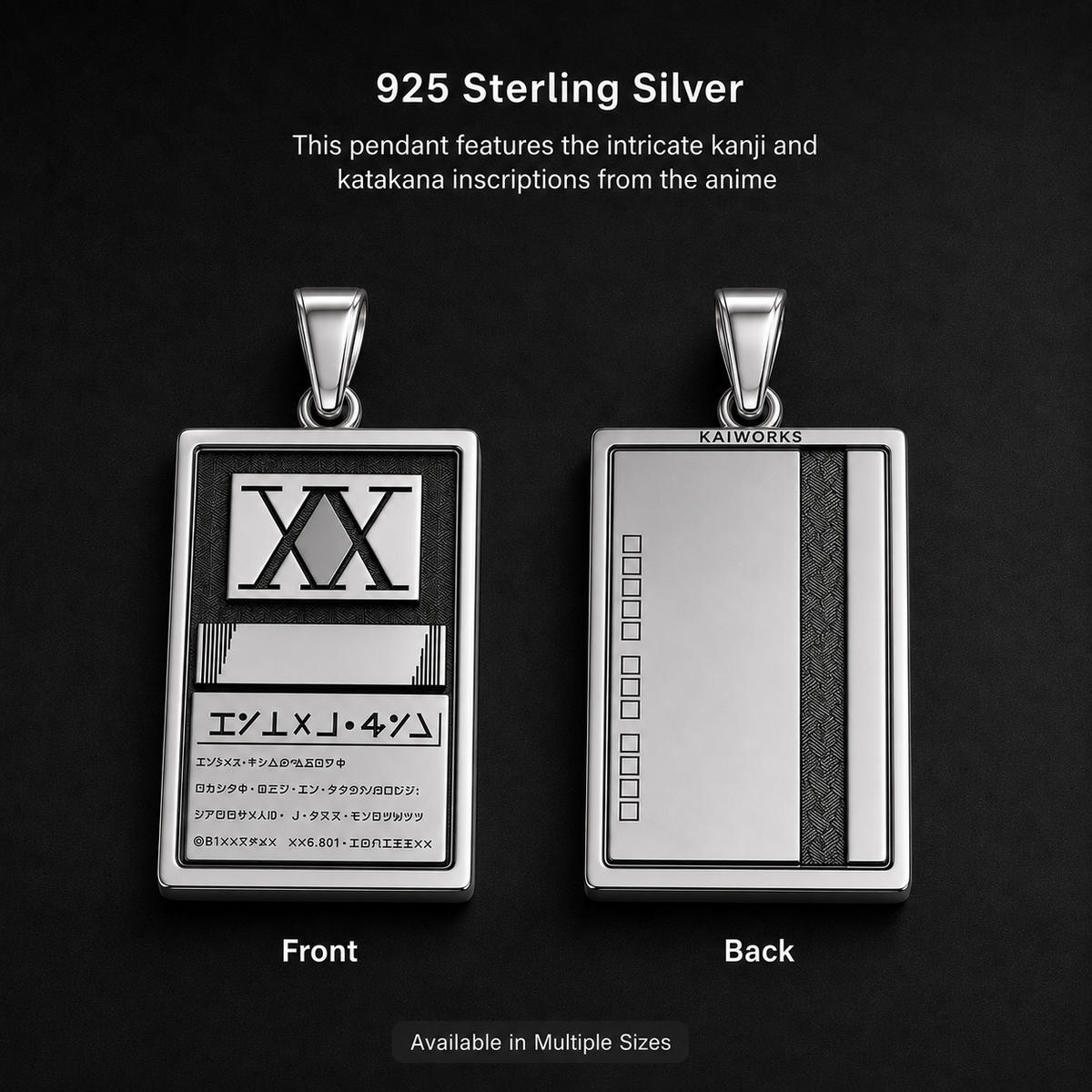925 Sterling Silver pendant with intricate kanji and katakana inscriptions from an anime, shown from front and back on a dark background.