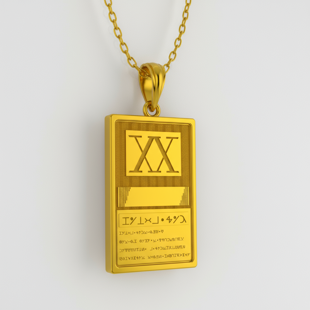 A silver pendant with Japanese engravings on it, featuring a chain link design, with anime character illustrations in the background.