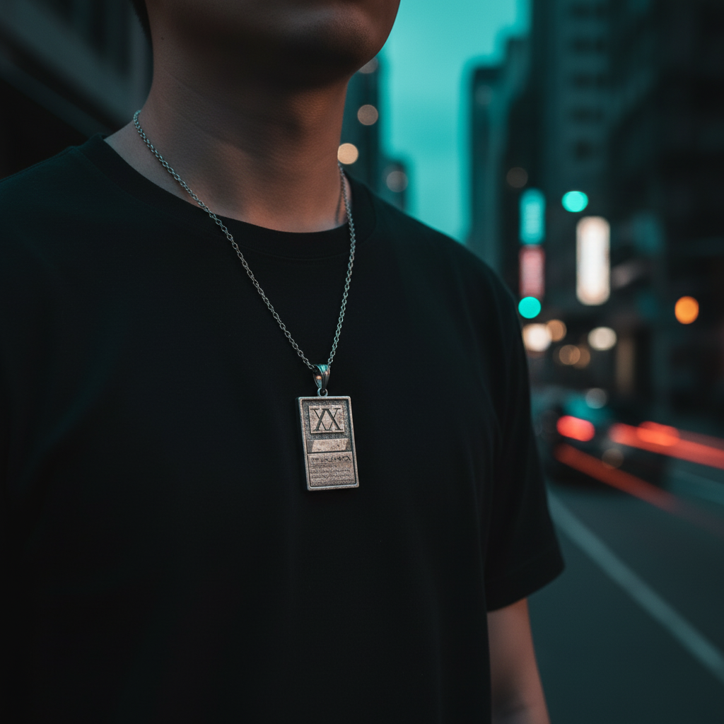 Person wearing a necklace with a pendant in an urban setting at night