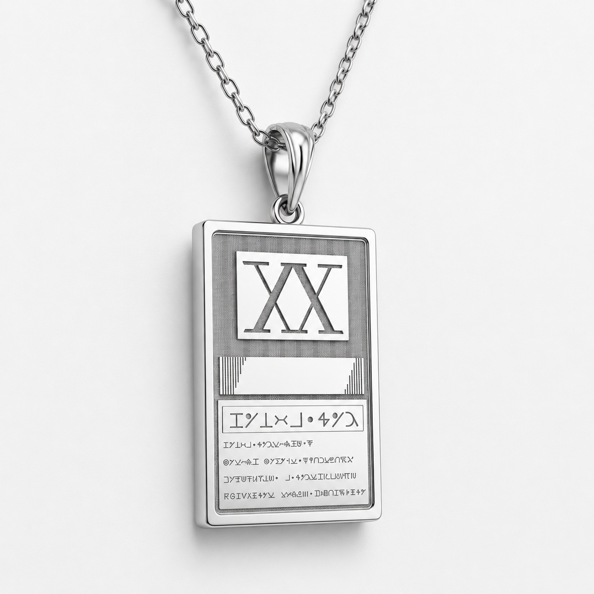 Silver pendant with Roman numeral design on a light gray background