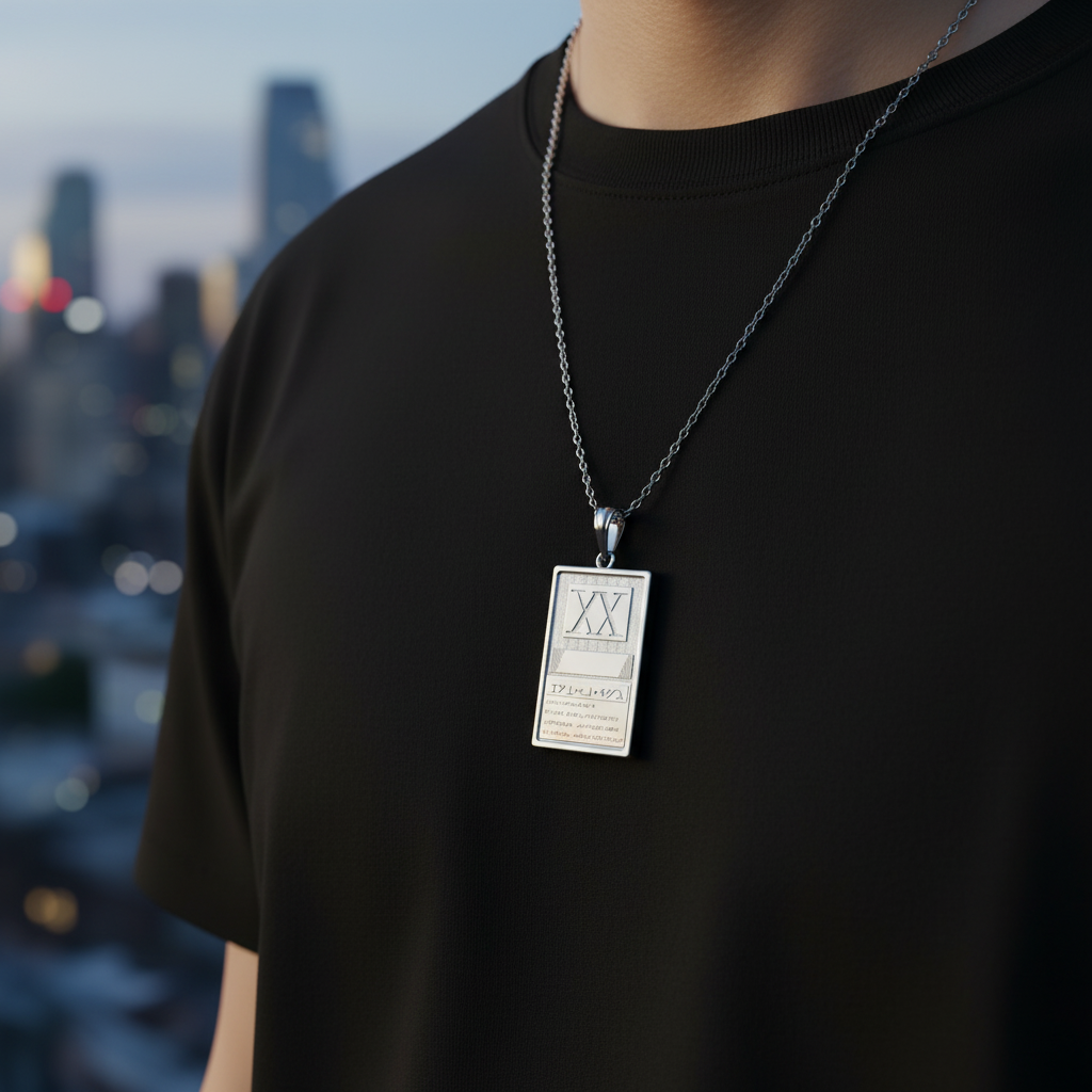 Person wearing a black t-shirt with a necklace featuring a rectangular pendant against a blurred cityscape background
