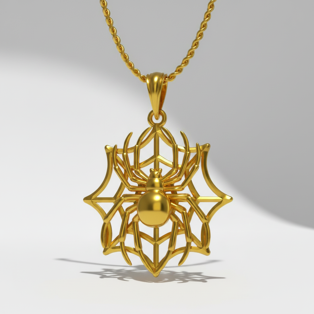 A solid 925 sterling silver spider on web pendant with 18K gold vermeil detailing, displayed against an anime-style background.