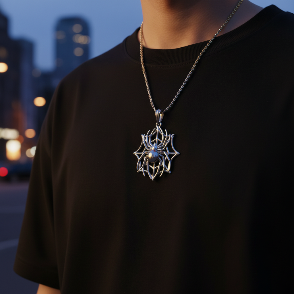 Person wearing a black t-shirt with a spider web necklace against a cityscape background