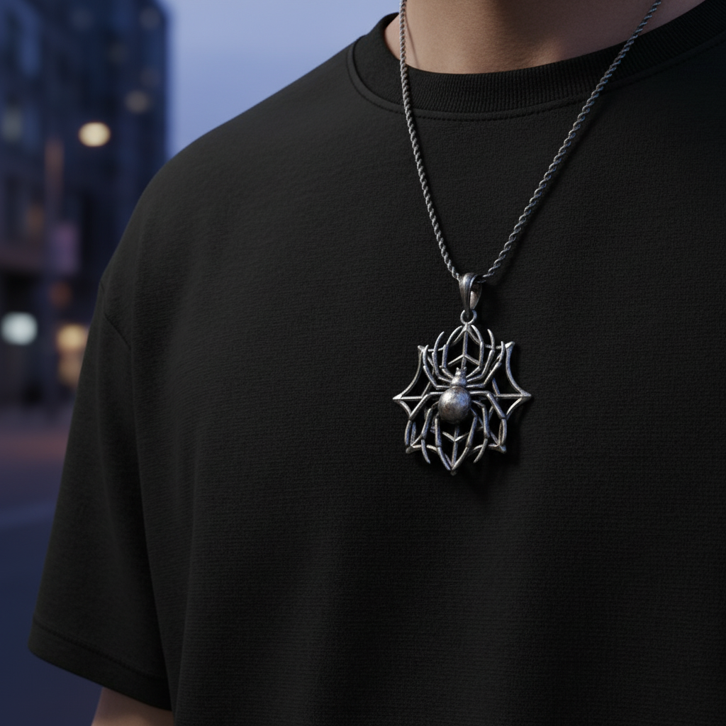 Person wearing a black t-shirt with a detailed silver necklace pendant against a blurred cityscape background.