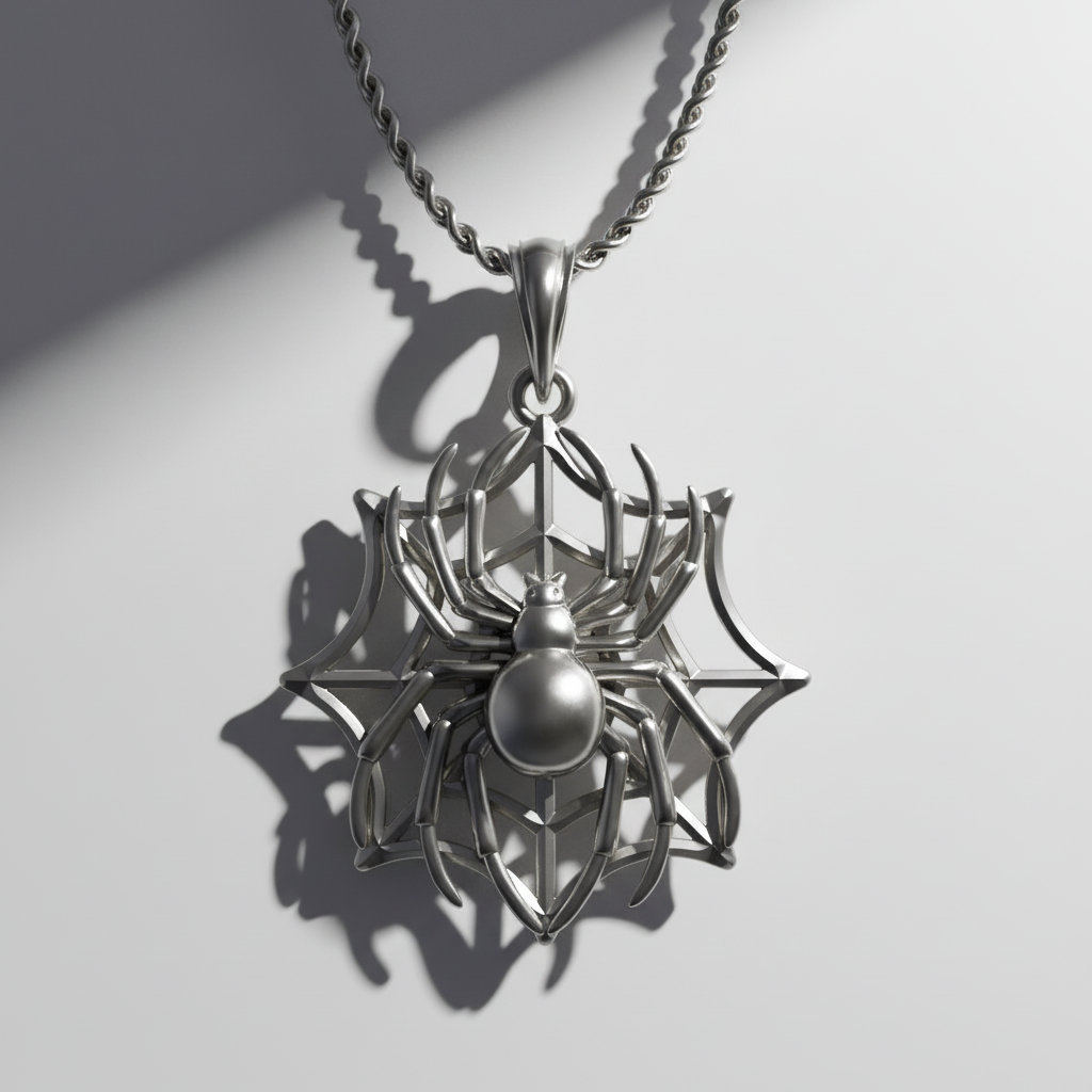 A solid 925 sterling silver spider on web pendant with 18K gold vermeil detailing, displayed against an anime-style background.