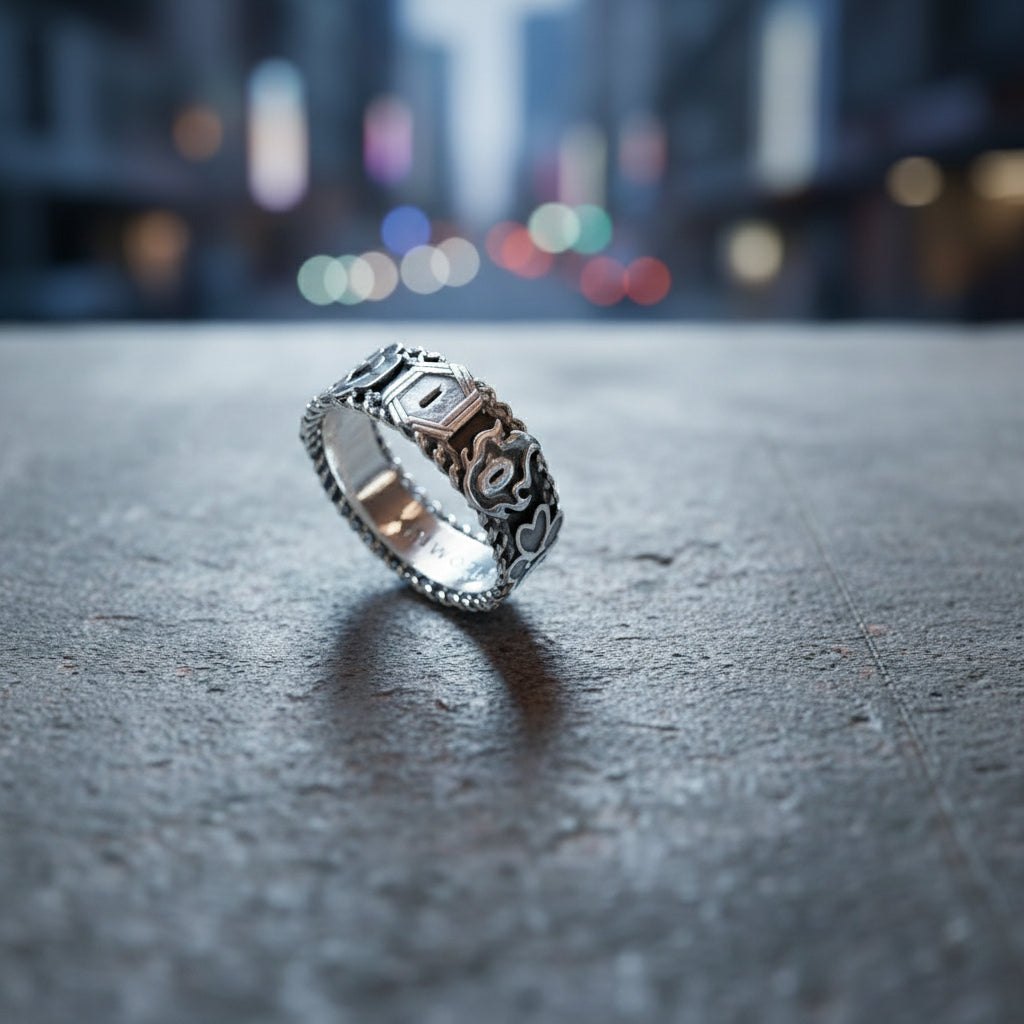 Silver ring with intricate design on a gray surface