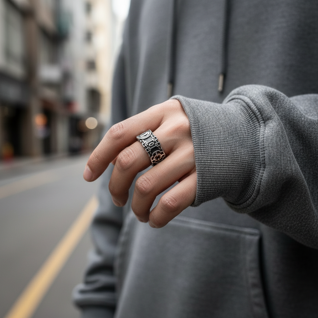 Person wearing a gray hoodie with a blurred city street background