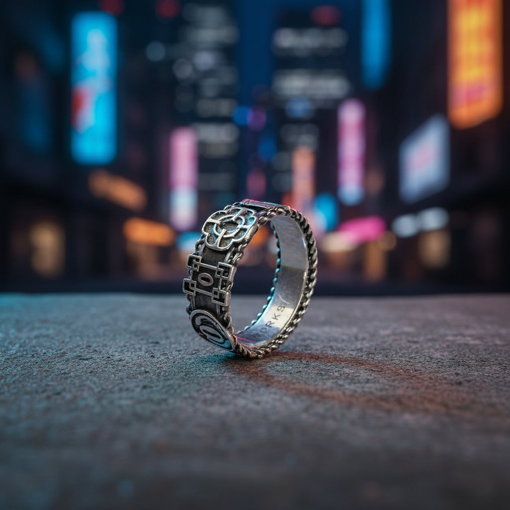 Silver ring with intricate design on a gray textured background