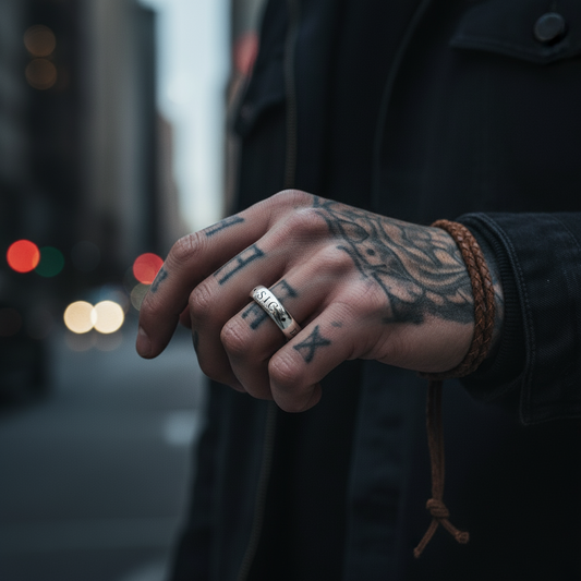 Close-up of a person's tattooed hand with rings, blurred city lights in the background