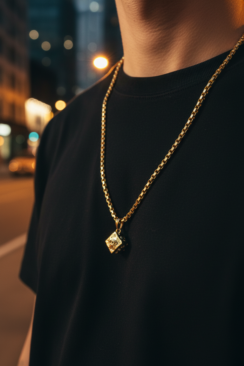 Person wearing a gold chain necklace with a pendant at night.