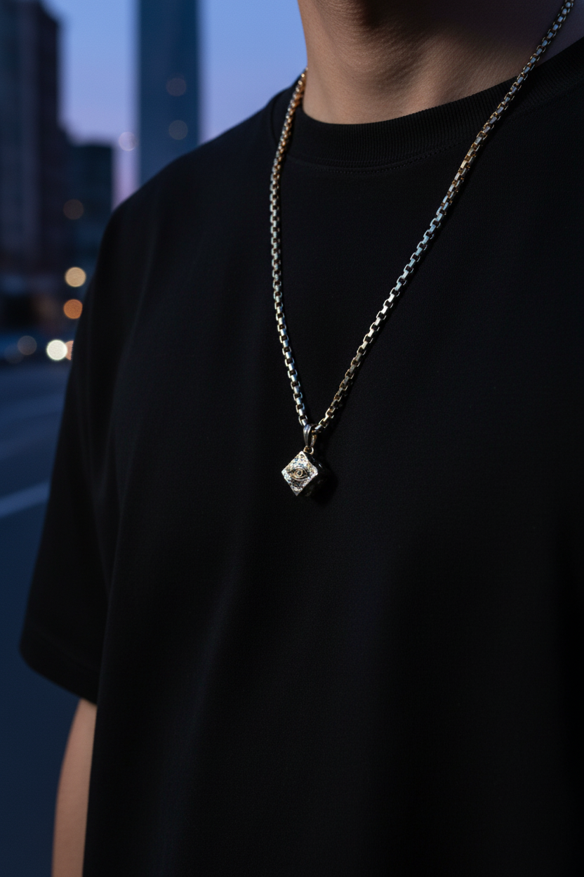 Person wearing a black shirt with a necklace featuring a diamond pendant against a blurred cityscape background.