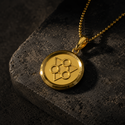 Gold necklace with a pendant on a dark stone surface