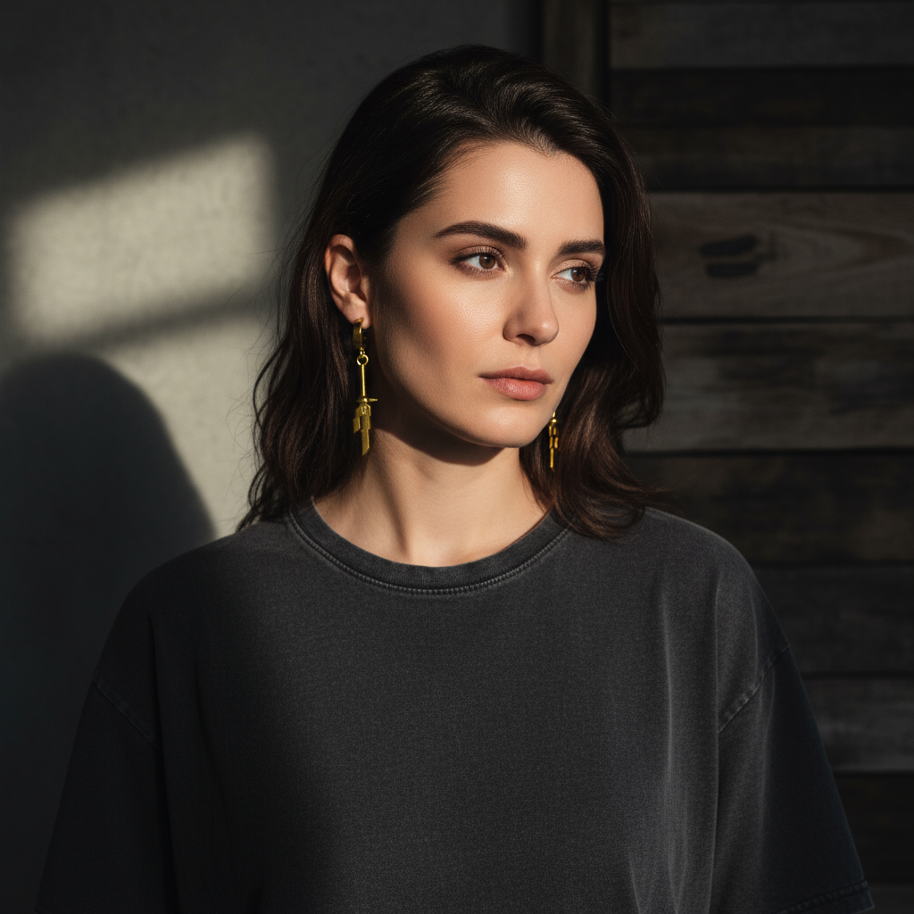 Woman wearing 14K Gold Inverted Spear Anime-Inspired Earrings, showcasing a stylish hoop design.