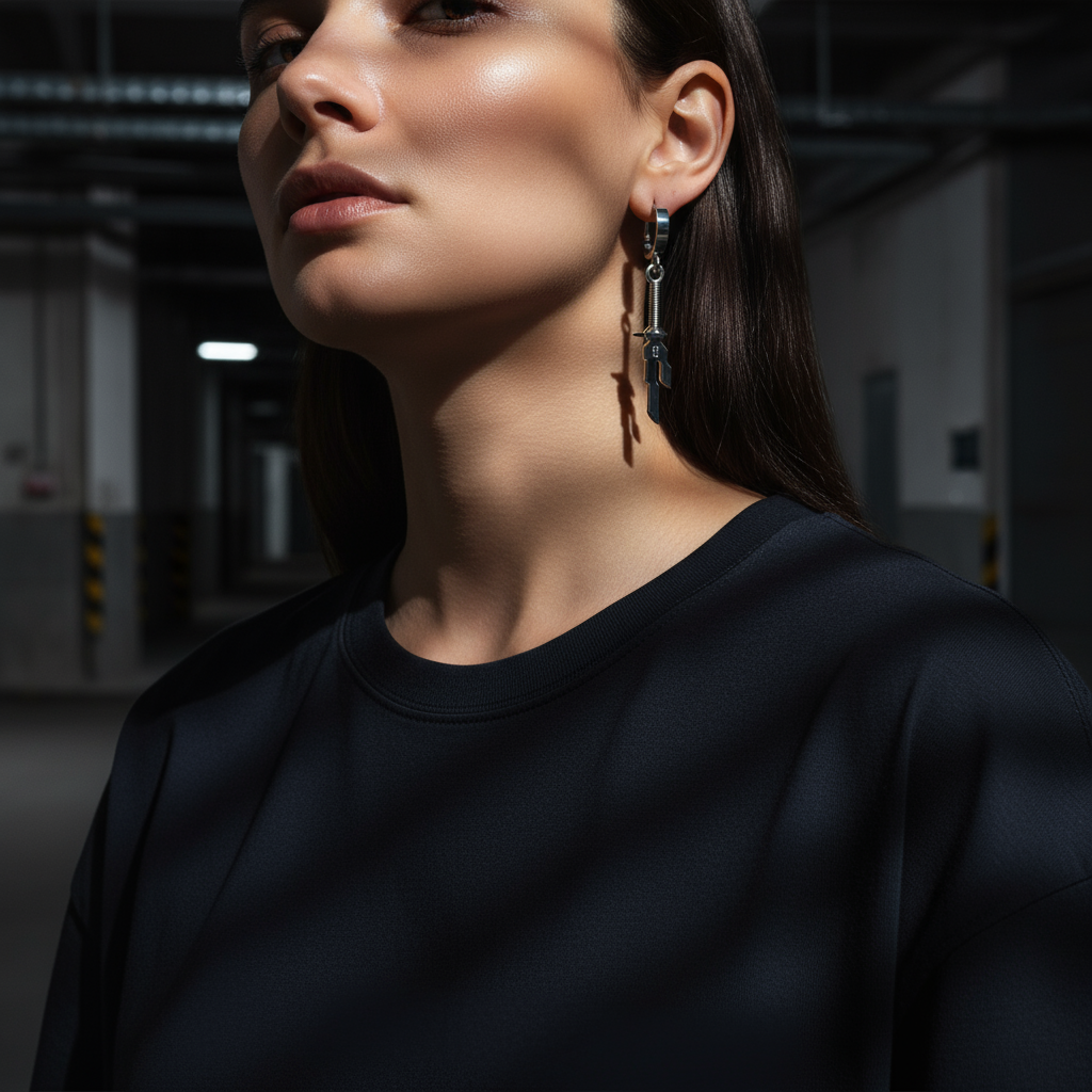 14K Gold Inverted Spear Anime-Inspired Earrings worn by a model in a modern setting.