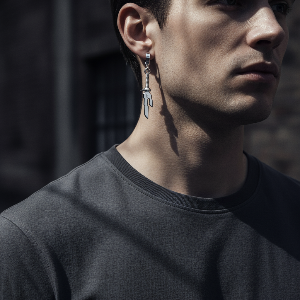 14K Gold Inverted Spear Anime-Inspired Earrings worn by a model in a dark t-shirt.