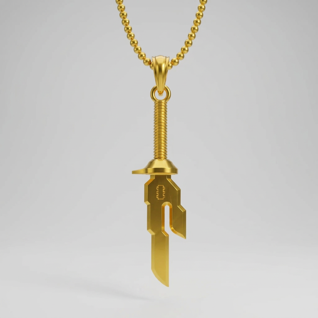 The image features a detailed view of the Inverted Spear Pendant, a bold accessory inspired by a popular anime. The pendant is crafted in solid 925 sterling silver with a high polish finish, accentuating its sleek and striking design.