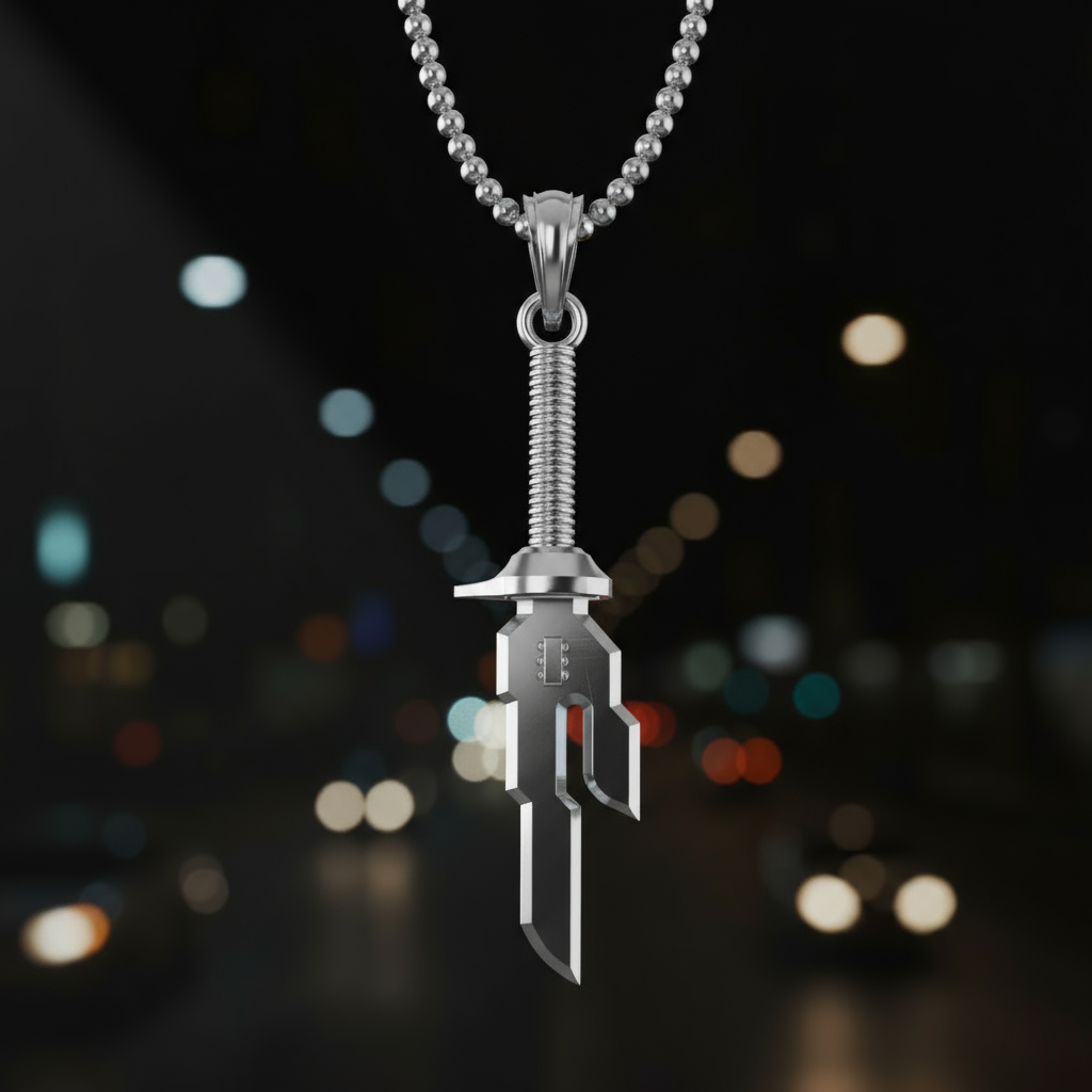 Silver pendant necklace with blurred city lights in the background