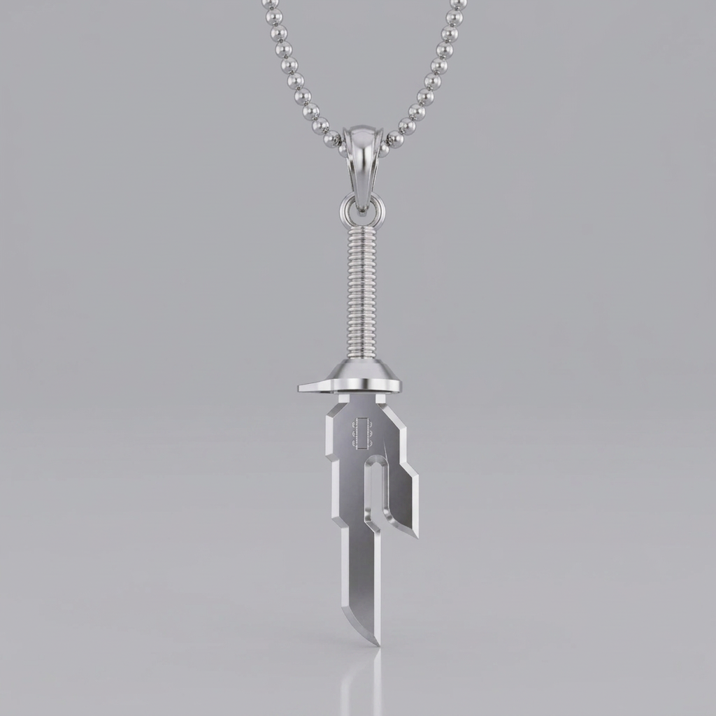 Silver sword-shaped pendant on a chain against a light gray background