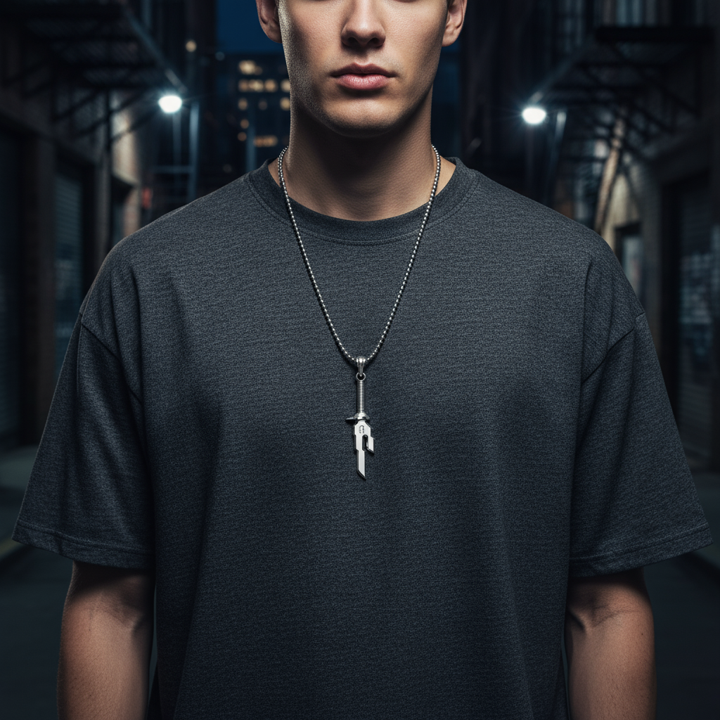 Person wearing a dark gray t-shirt and a necklace with a pendant in an urban setting.