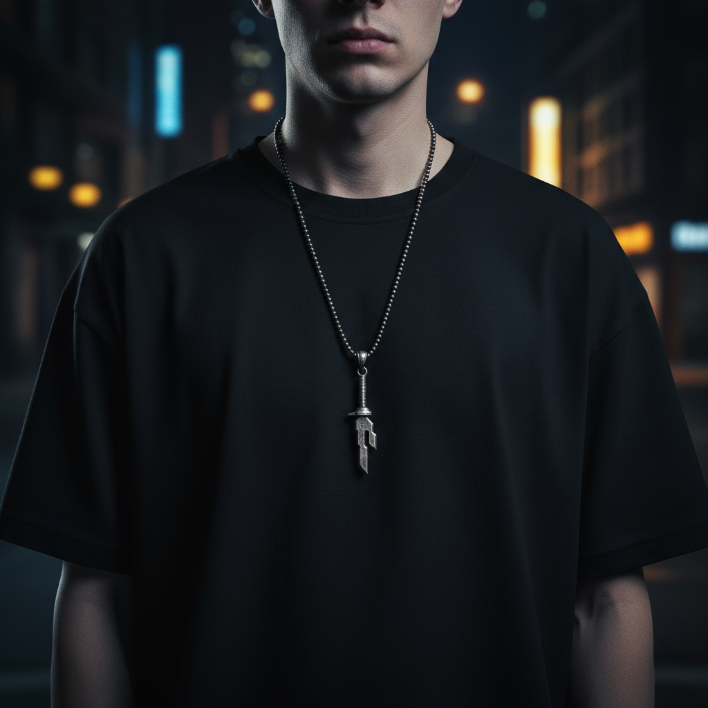 Person wearing a black t-shirt and necklace with a key pendant against a dark cityscape background