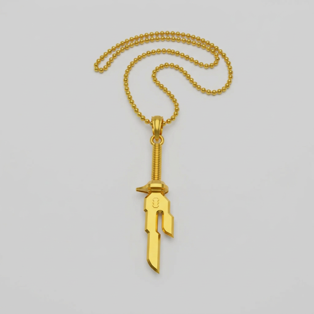 Gold sword-shaped pendant on a chain against a white background